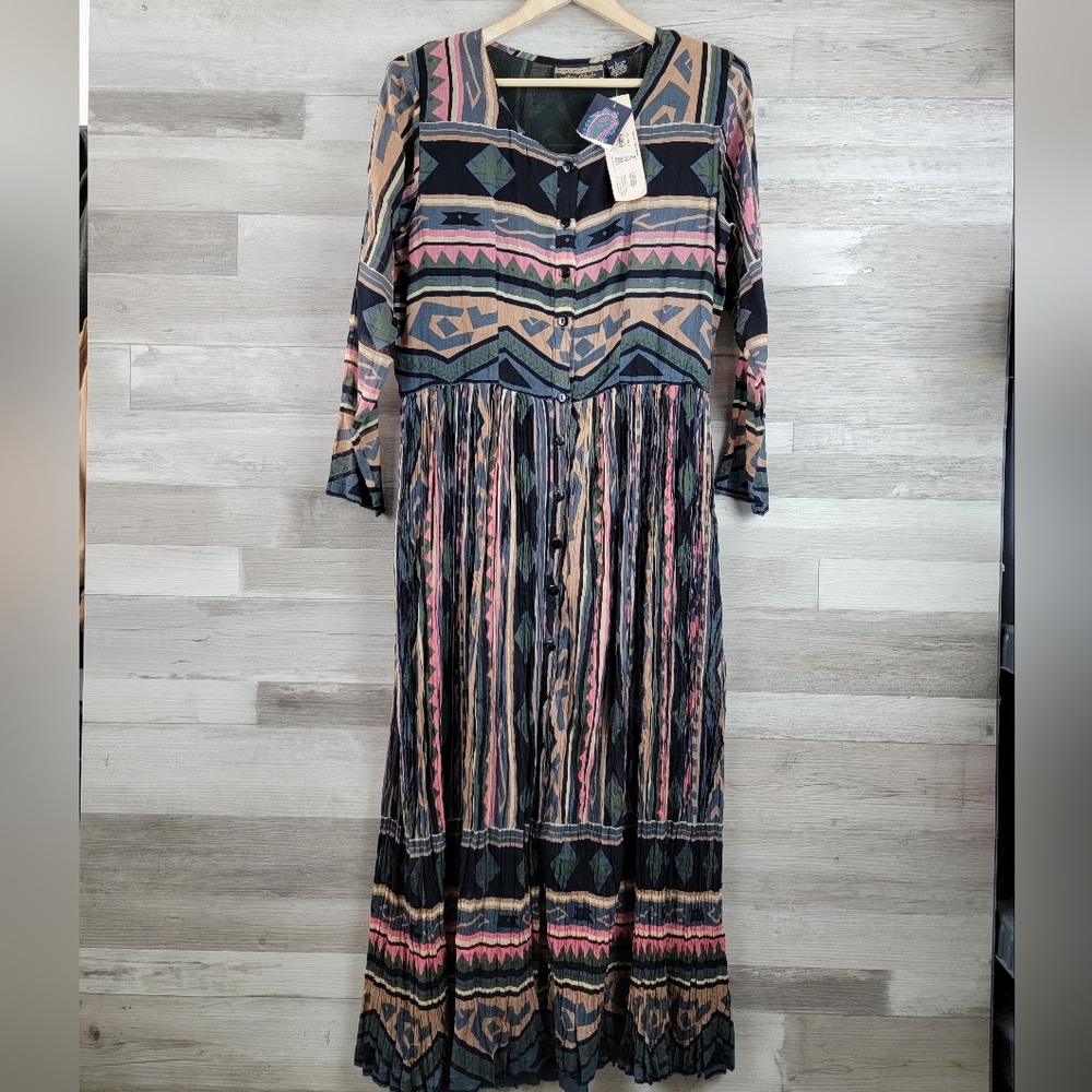 Vintage 80s Her Style Sheer Cotton Button Front Pleated Maxi Dress Size LG NWT - Picture 2 of 16